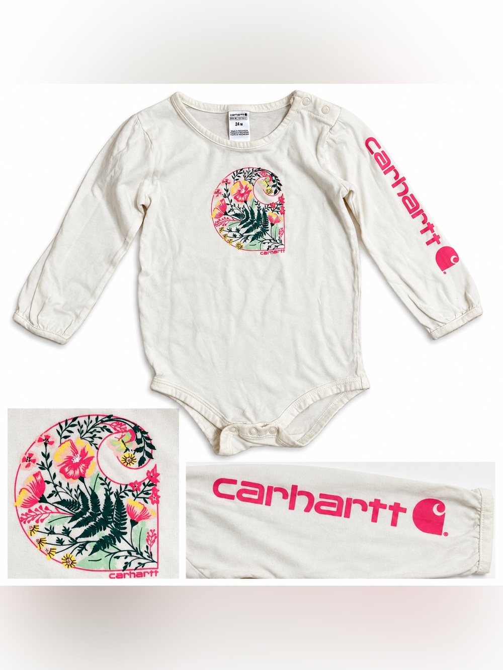 Carhartt Baby 24M Cream Floral Logo Long Sleeve Bodysuit